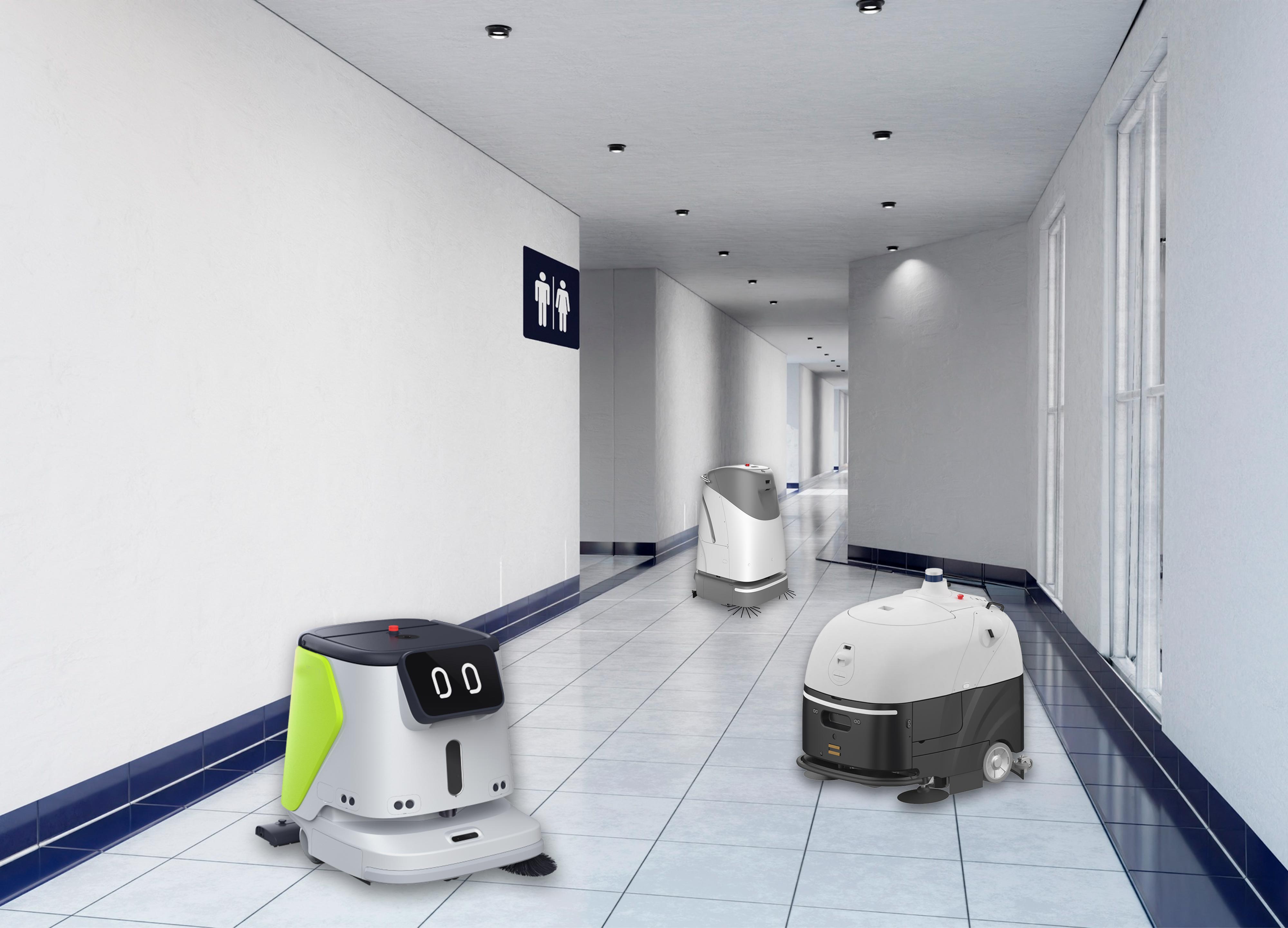 Autonomous floor cleaning robots inside a commercial building