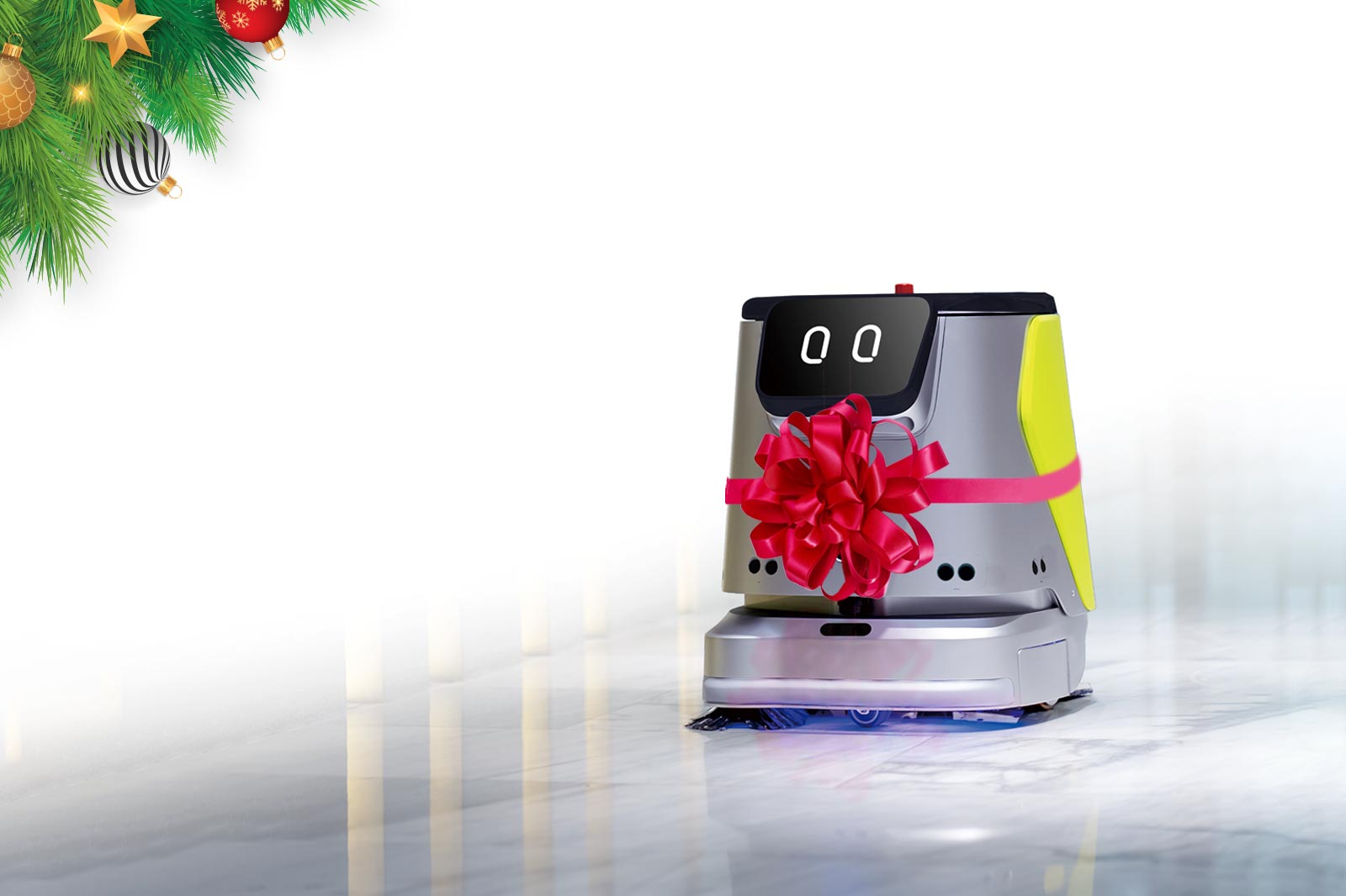 Image of cleaning robot wrapped in a bow