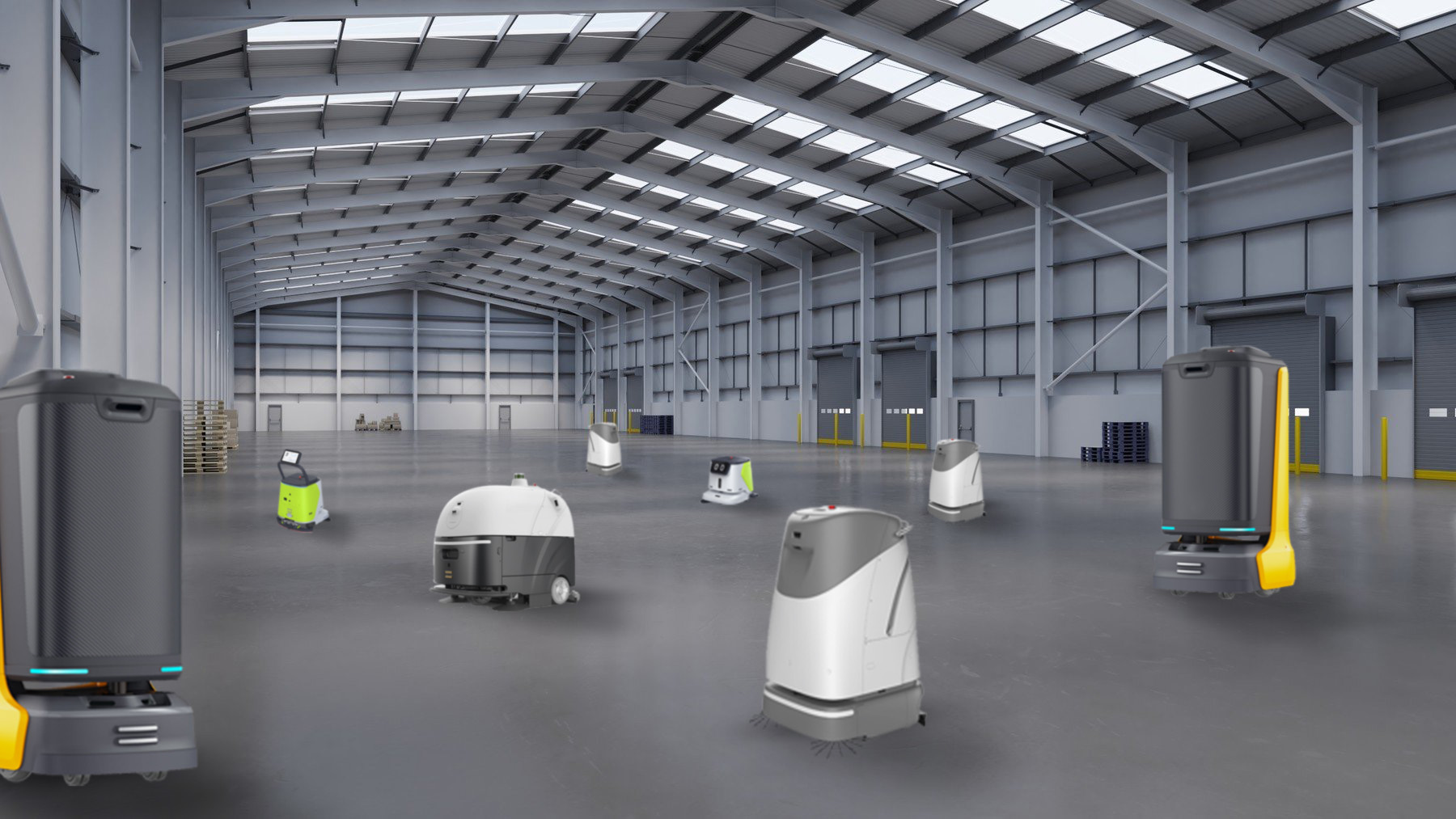 Interior of a warehouse with floor cleaning robots