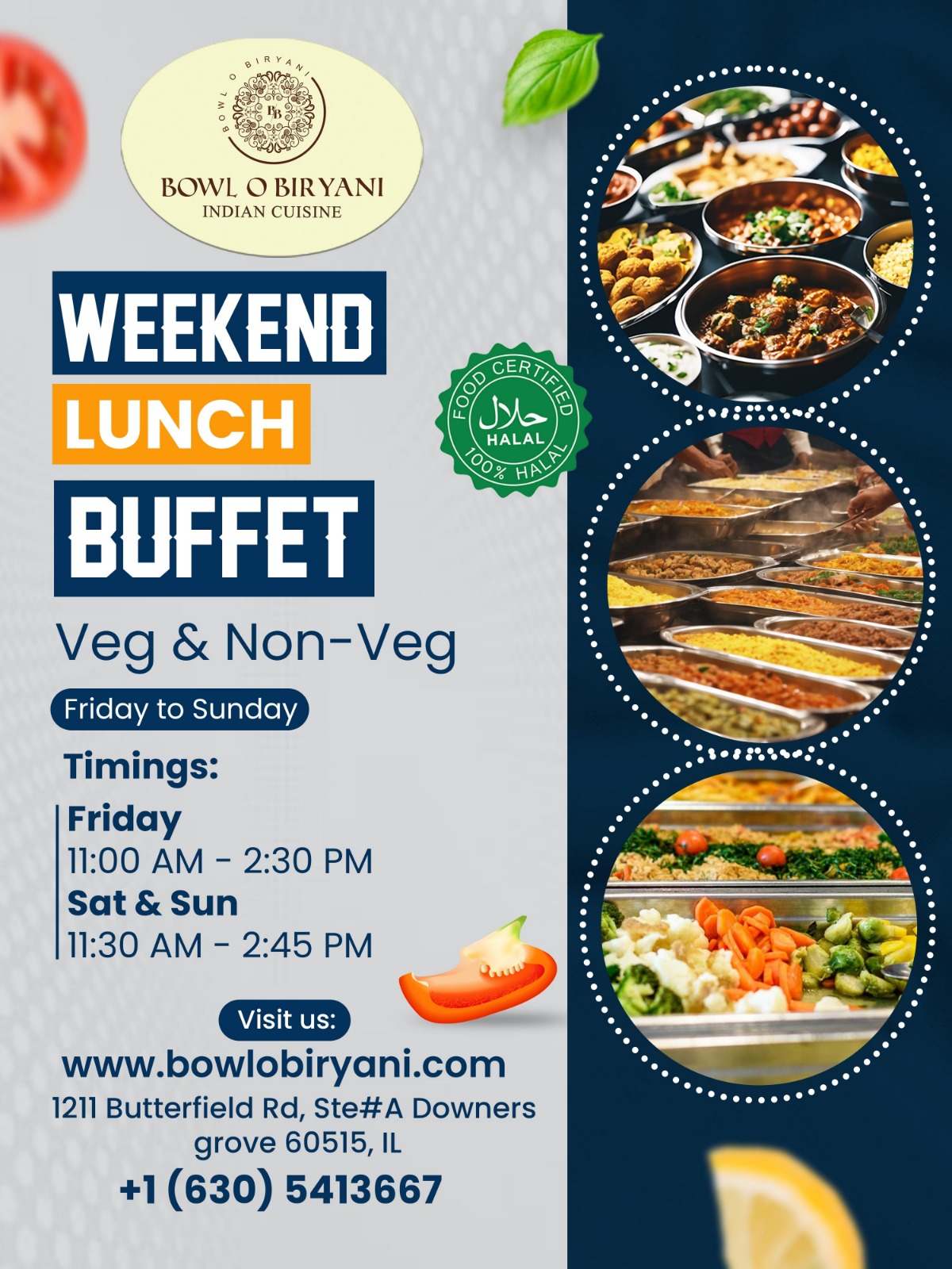 Enjoy our Weekend Lunch Buffet featuring both Veg and Non-Veg options!